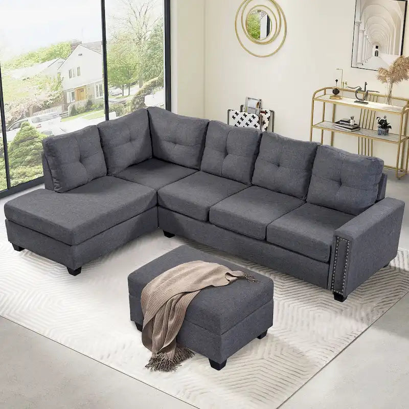 Divano componibile a 6 posti a L reversibile, 105.2, grigio, con pouf contenitore e portabicchieri, design salvaspazio in lino