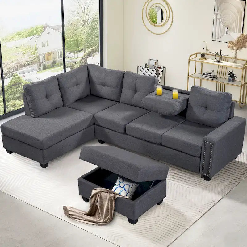 Divano componibile a 6 posti a L reversibile, 105.2, grigio, con pouf contenitore e portabicchieri, design salvaspazio in lino