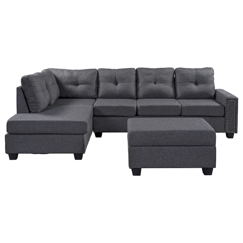 Divano componibile a 6 posti a L reversibile, 105.2, grigio, con pouf contenitore e portabicchieri, design salvaspazio in lino