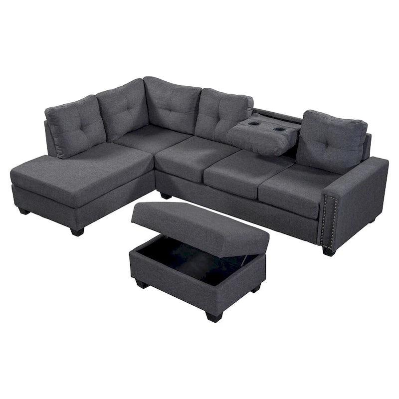 Divano componibile a 6 posti a L reversibile, 105.2, grigio, con pouf contenitore e portabicchieri, design salvaspazio in lino