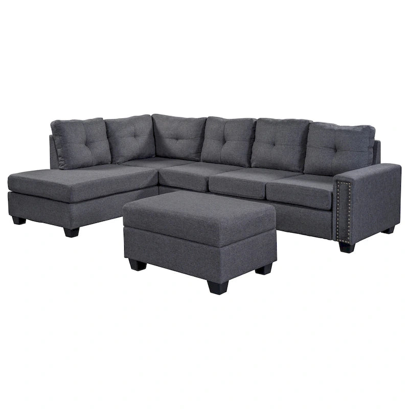 Divano componibile a 6 posti a L reversibile, 105.2, grigio, con pouf contenitore e portabicchieri, design salvaspazio in lino