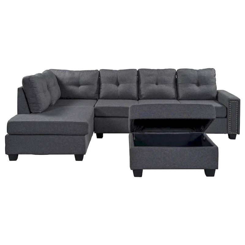 Divano componibile a 6 posti a L reversibile, 105.2, grigio, con pouf contenitore e portabicchieri, design salvaspazio in lino