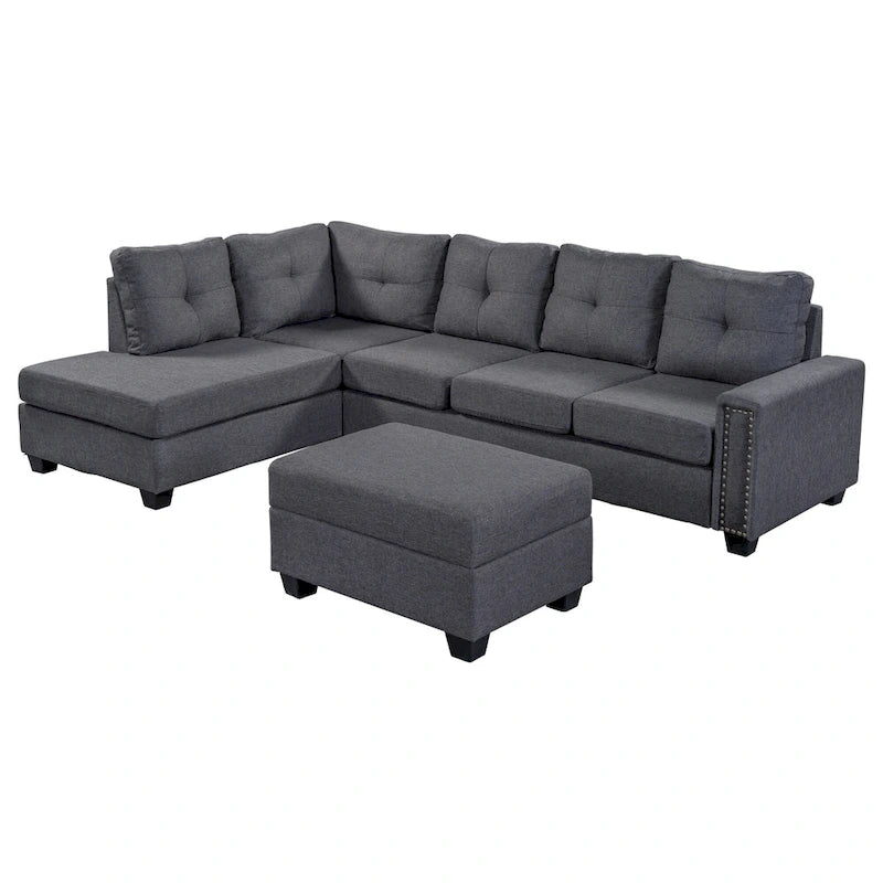 Divano componibile a 6 posti a L reversibile, 105.2, grigio, con pouf contenitore e portabicchieri, design salvaspazio in lino