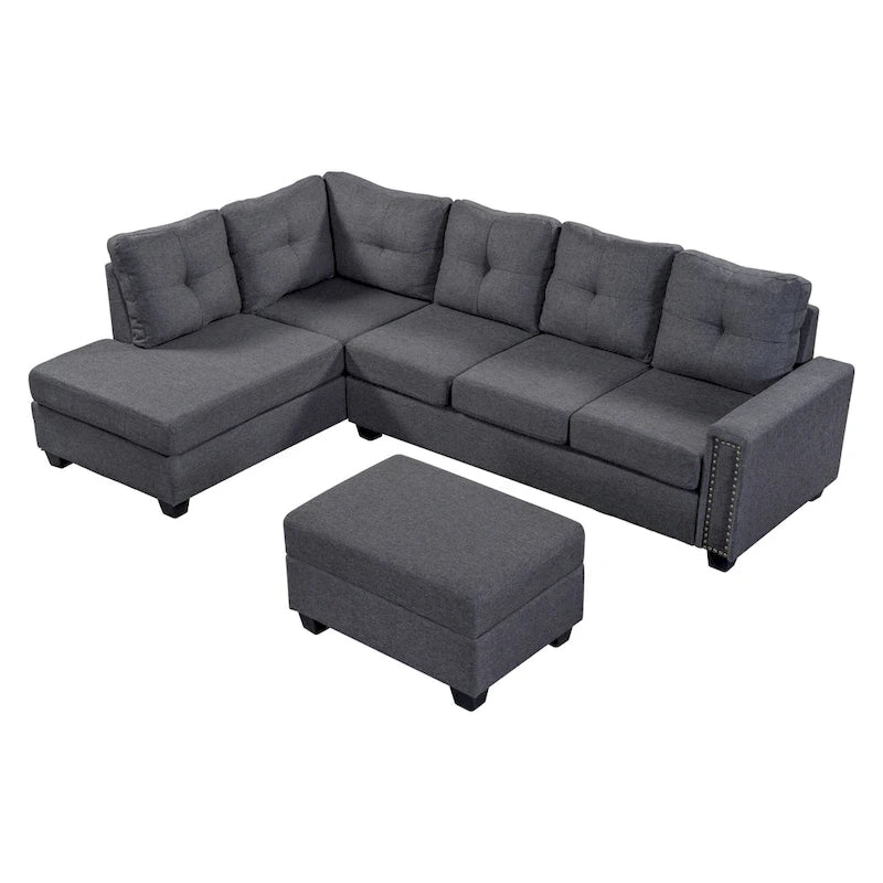 Divano componibile a 6 posti a L reversibile, 105.2, grigio, con pouf contenitore e portabicchieri, design salvaspazio in lino