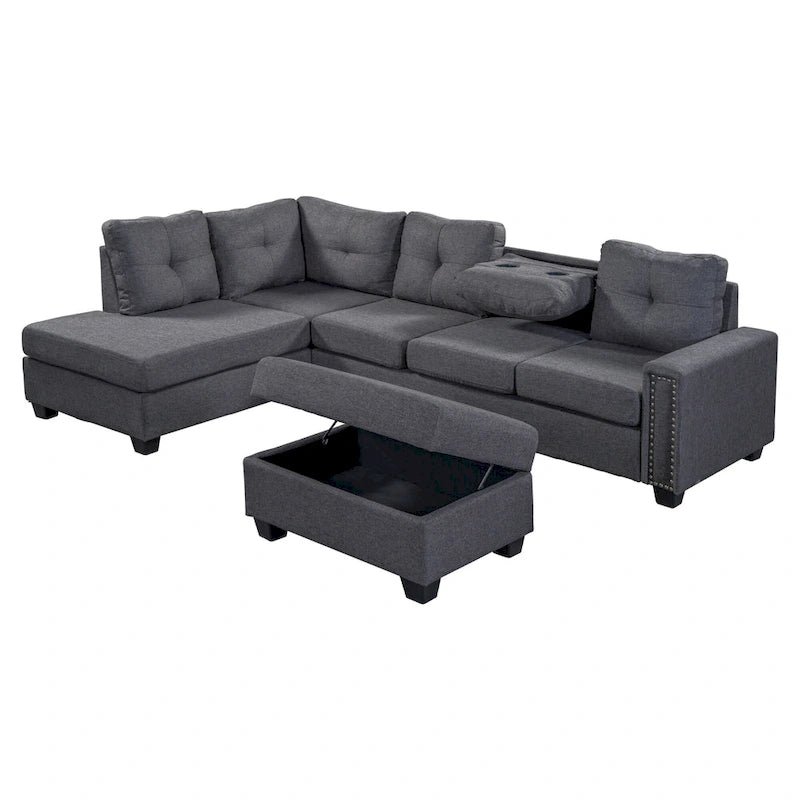 Divano componibile a 6 posti a L reversibile, 105.2, grigio, con pouf contenitore e portabicchieri, design salvaspazio in lino