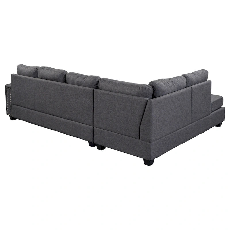 Divano componibile a 6 posti a L reversibile, 105.2, grigio, con pouf contenitore e portabicchieri, design salvaspazio in lino
