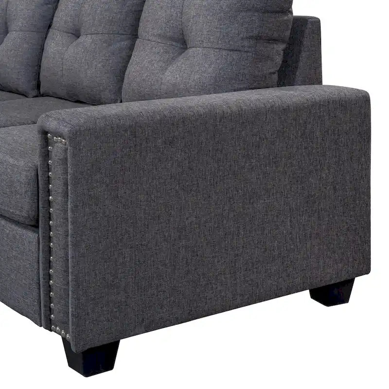 Divano componibile a 6 posti a L reversibile, 105.2, grigio, con pouf contenitore e portabicchieri, design salvaspazio in lino