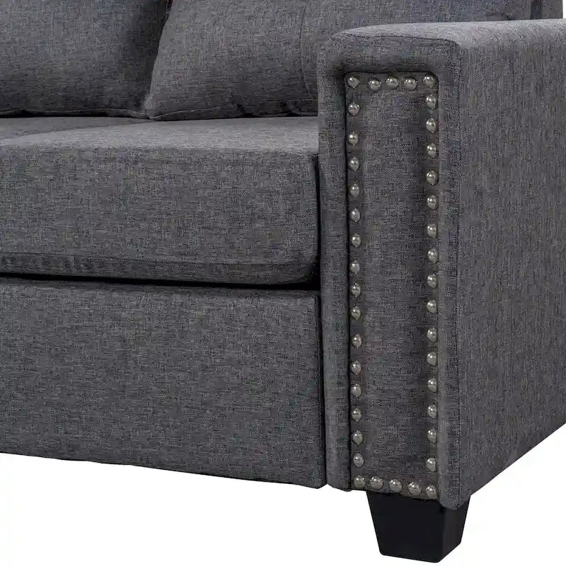 Divano componibile a 6 posti a L reversibile, 105.2, grigio, con pouf contenitore e portabicchieri, design salvaspazio in lino