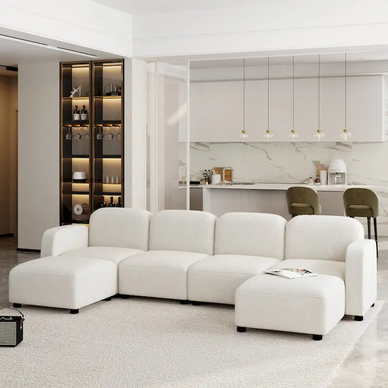 Divano sezionale modulare a U a 6 posti in velluto 116 con due pouf, design reversibile per uno spazio abitativo personalizzabile