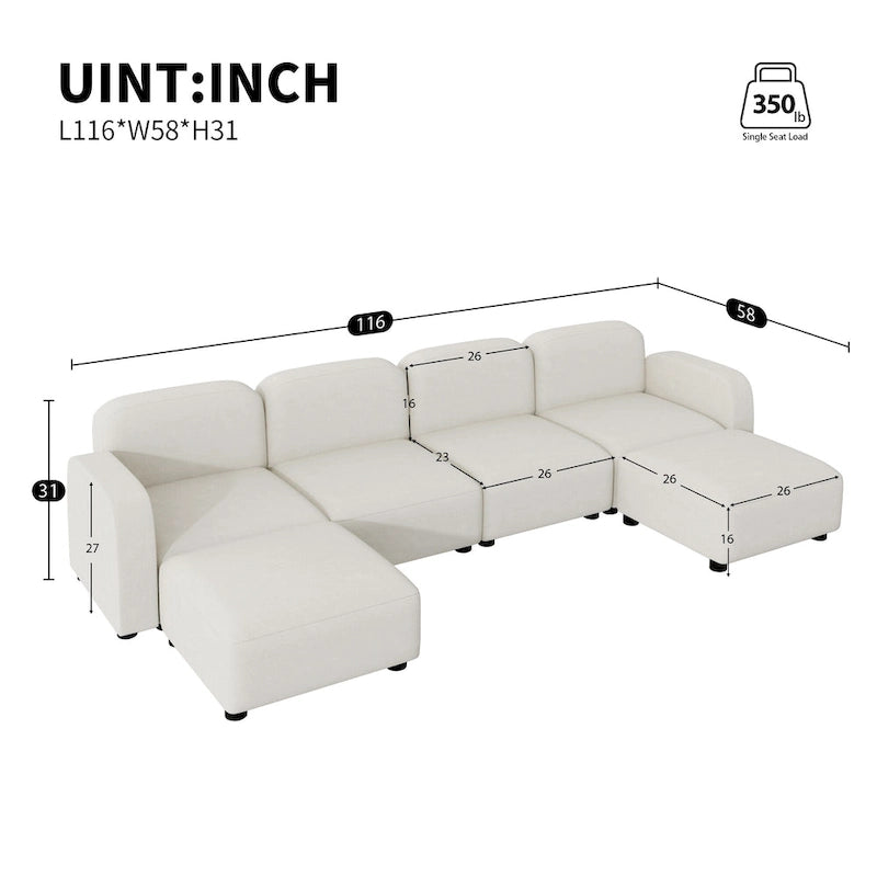 Divano sezionale modulare a U a 6 posti in velluto 116 con due pouf, design reversibile per uno spazio abitativo personalizzabile