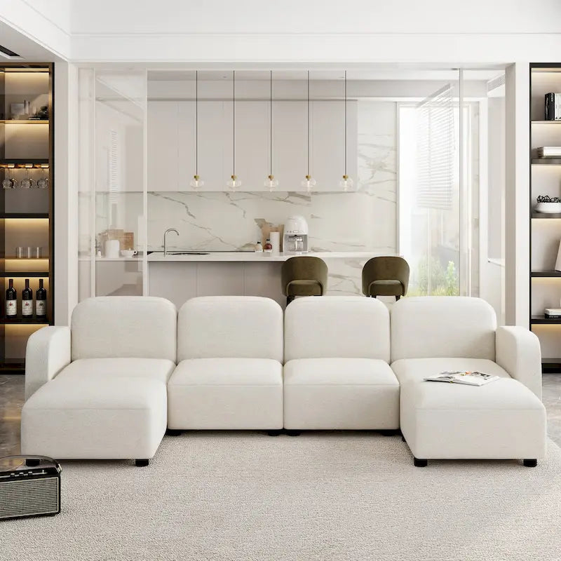 Divano sezionale modulare a U a 6 posti in velluto 116 con due pouf, design reversibile per uno spazio abitativo personalizzabile