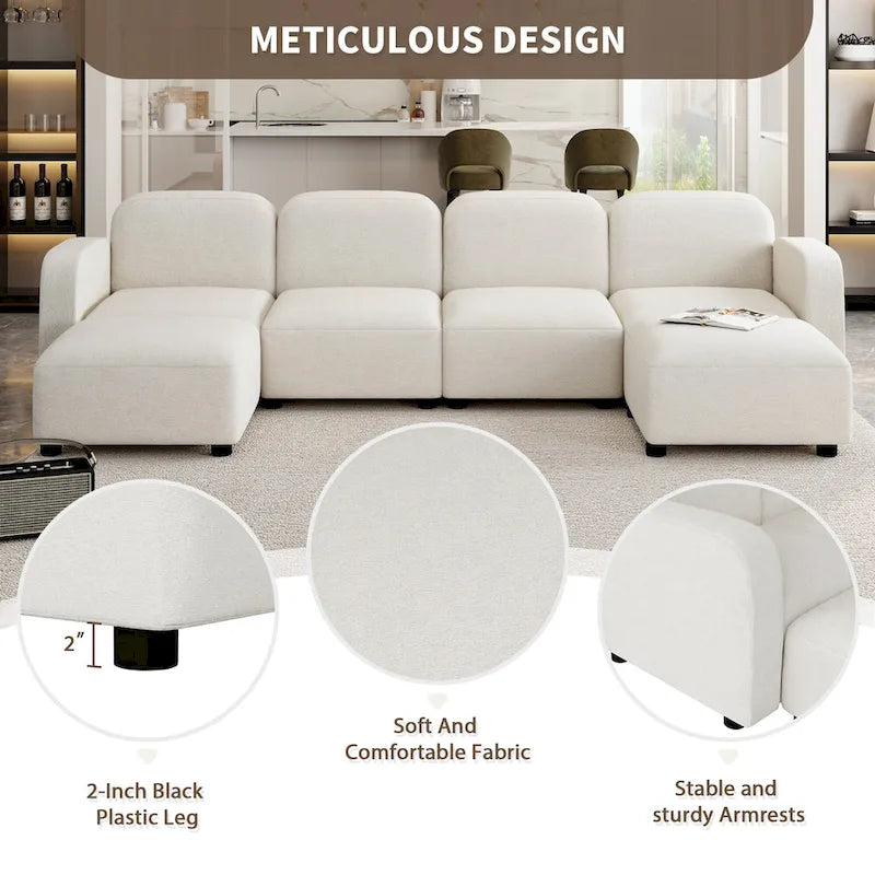 Divano sezionale modulare a U a 6 posti in velluto 116 con due pouf, design reversibile per uno spazio abitativo personalizzabile