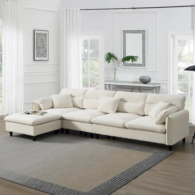 Divano componibile a L moderno a 5 posti convertibile con pouf rimovibile e 5 cuscini, tessuto ciniglia felpato