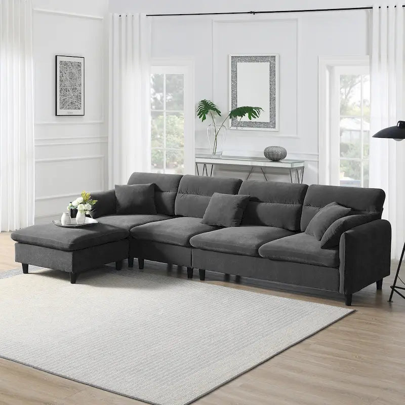 Divano componibile a L moderno a 5 posti convertibile con pouf rimovibile e 5 cuscini, tessuto ciniglia felpato