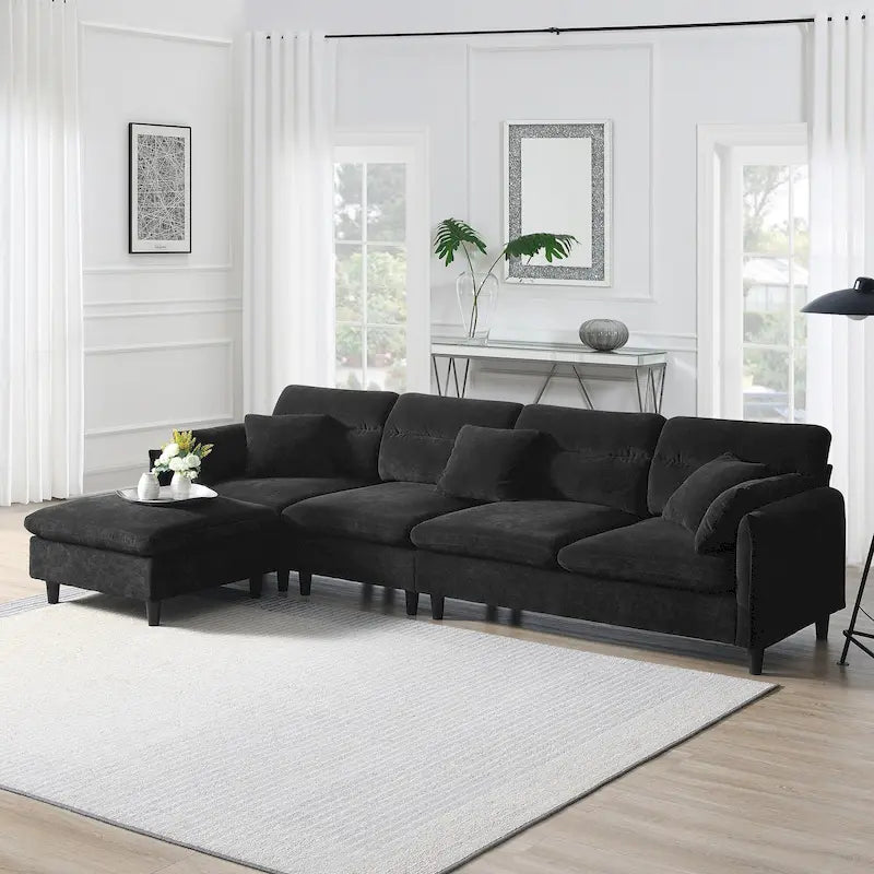 Divano componibile a L moderno a 5 posti convertibile con pouf rimovibile e 5 cuscini, tessuto ciniglia felpato