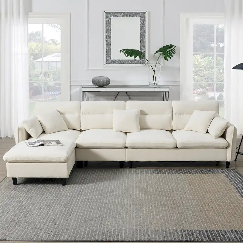 Divano componibile a L moderno a 5 posti convertibile con pouf rimovibile e 5 cuscini, tessuto ciniglia felpato