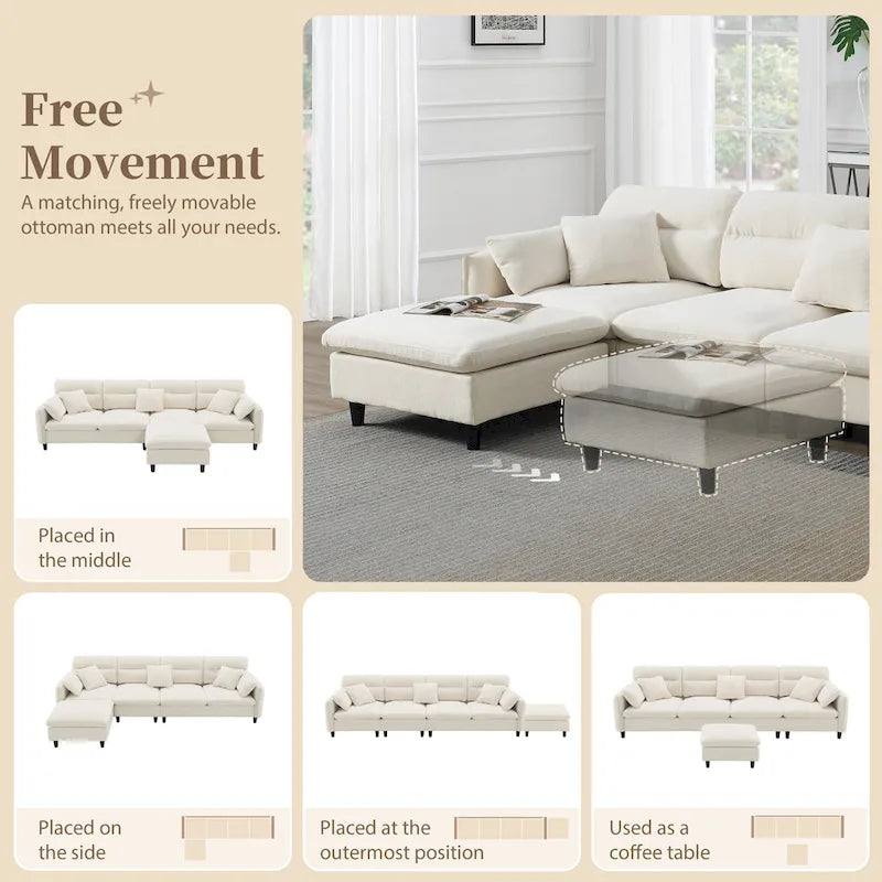 Divano componibile a L moderno a 5 posti convertibile con pouf rimovibile e 5 cuscini, tessuto ciniglia felpato