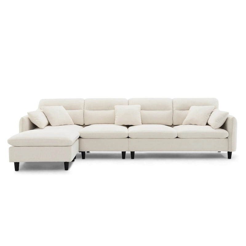 Divano componibile a L moderno a 5 posti convertibile con pouf rimovibile e 5 cuscini, tessuto ciniglia felpato