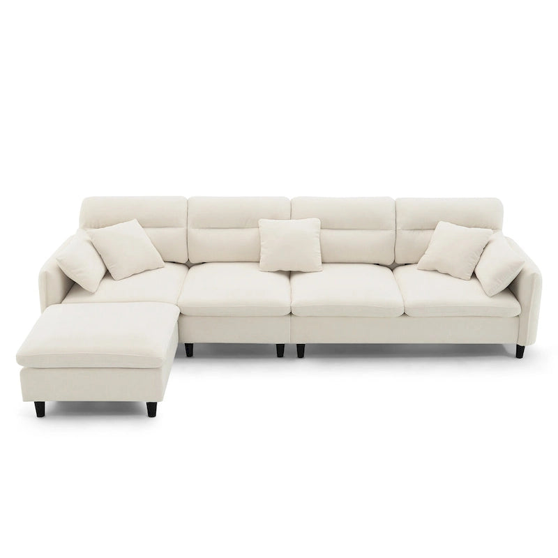Divano componibile a L moderno a 5 posti convertibile con pouf rimovibile e 5 cuscini, tessuto ciniglia felpato