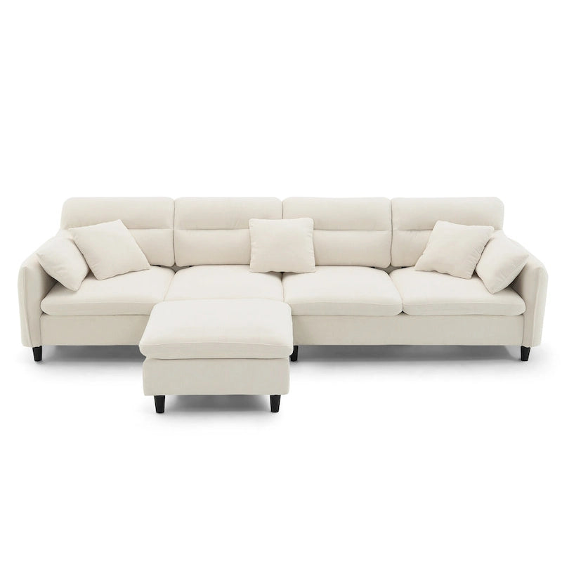 Divano componibile a L moderno a 5 posti convertibile con pouf rimovibile e 5 cuscini, tessuto ciniglia felpato