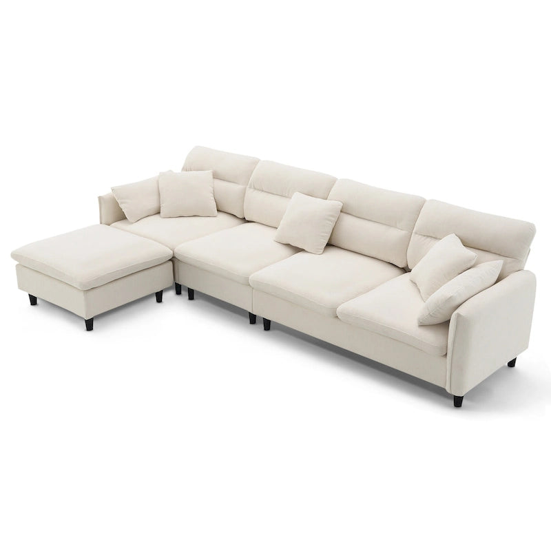 Divano componibile a L moderno a 5 posti convertibile con pouf rimovibile e 5 cuscini, tessuto ciniglia felpato