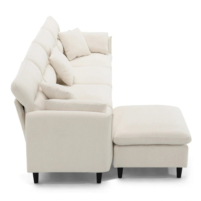 Divano componibile a L moderno a 5 posti convertibile con pouf rimovibile e 5 cuscini, tessuto ciniglia felpato