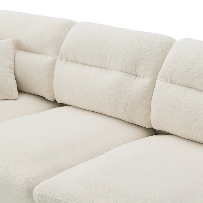 Divano componibile a L moderno a 5 posti convertibile con pouf rimovibile e 5 cuscini, tessuto ciniglia felpato