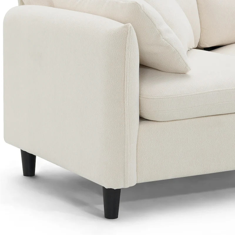 Divano componibile a L moderno a 5 posti convertibile con pouf rimovibile e 5 cuscini, tessuto ciniglia felpato