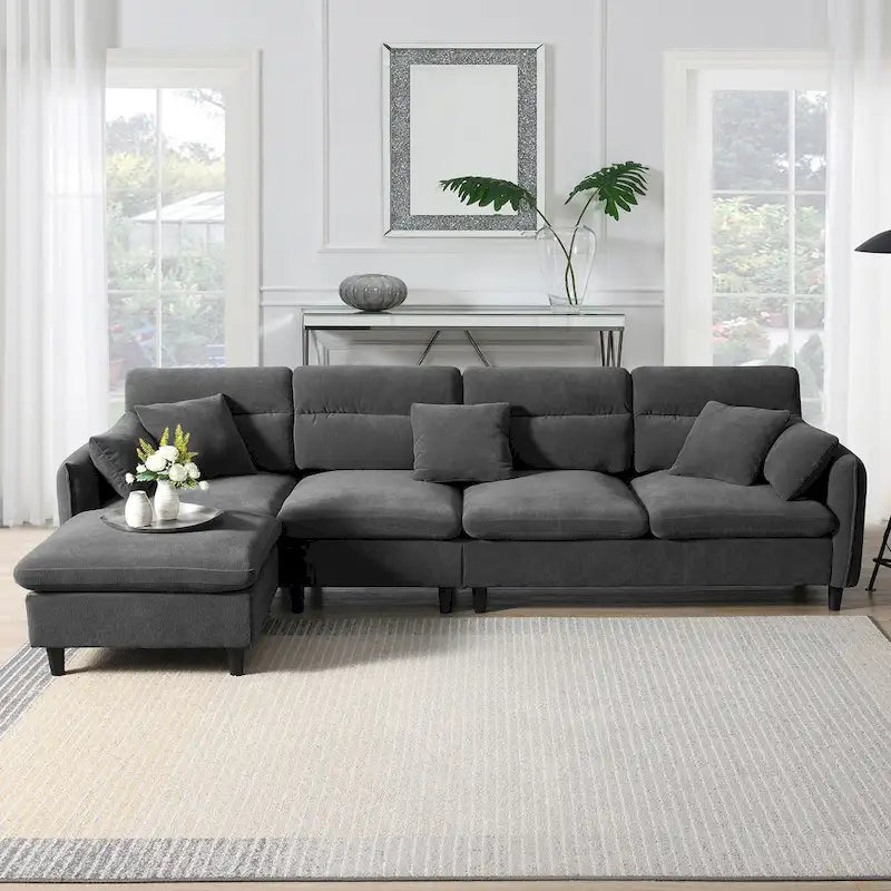 Divano componibile a L moderno a 5 posti convertibile con pouf rimovibile e 5 cuscini, tessuto ciniglia felpato