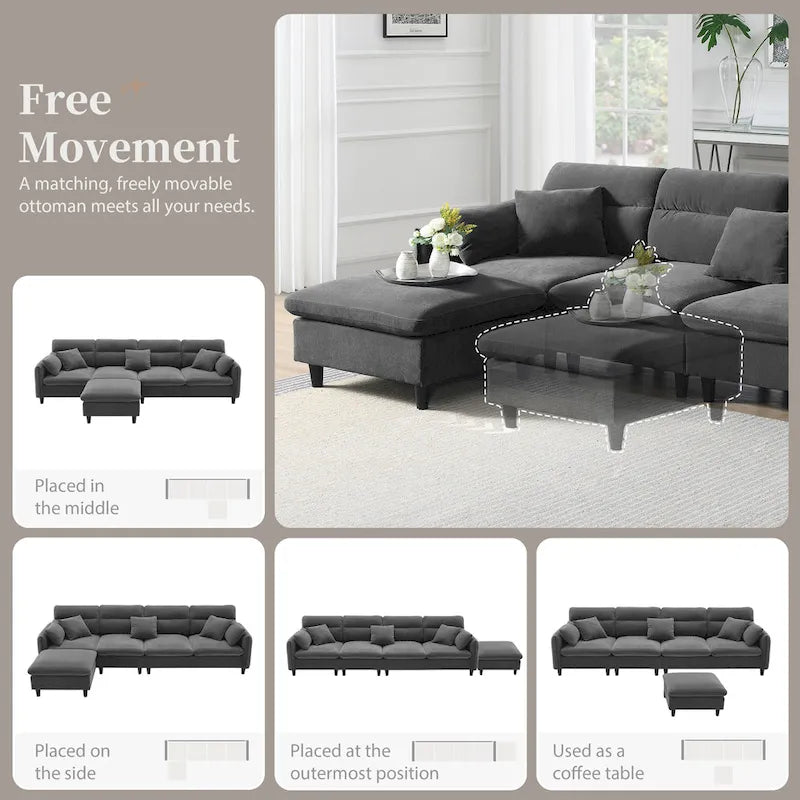 Divano componibile a L moderno a 5 posti convertibile con pouf rimovibile e 5 cuscini, tessuto ciniglia felpato