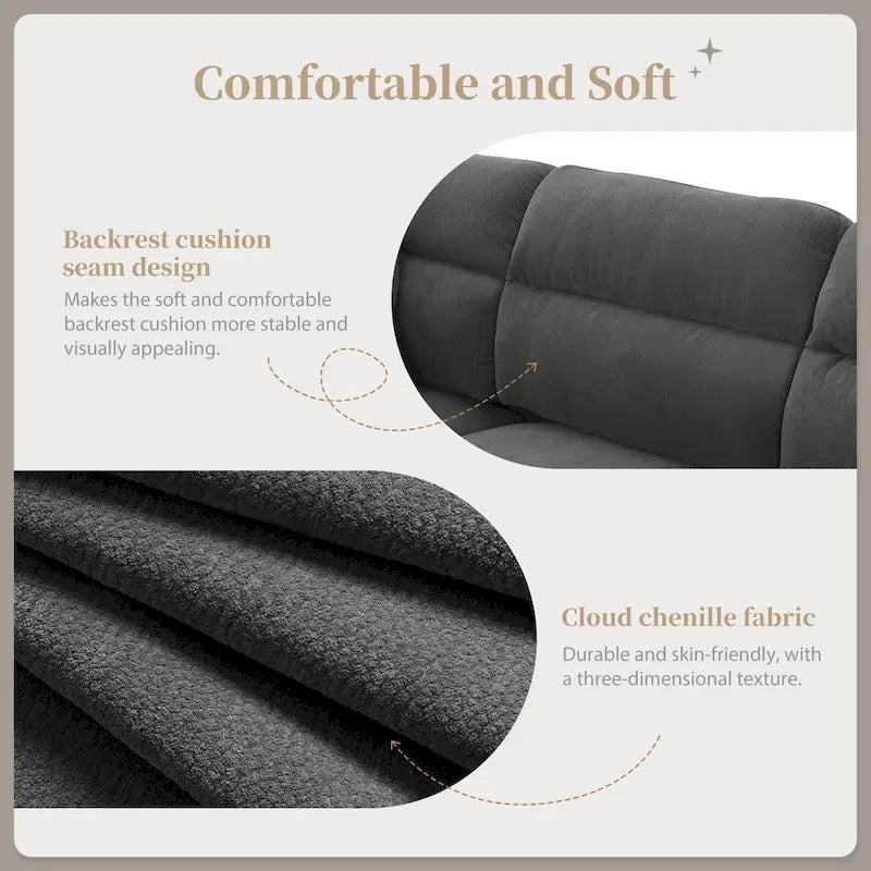 Divano componibile a L moderno a 5 posti convertibile con pouf rimovibile e 5 cuscini, tessuto ciniglia felpato