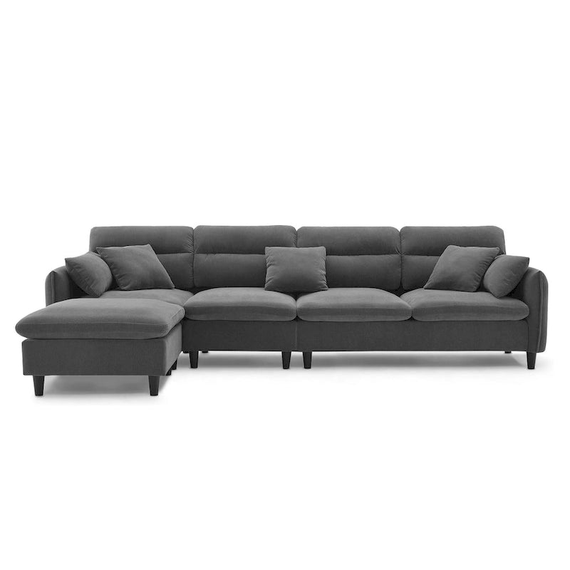 Divano componibile a L moderno a 5 posti convertibile con pouf rimovibile e 5 cuscini, tessuto ciniglia felpato