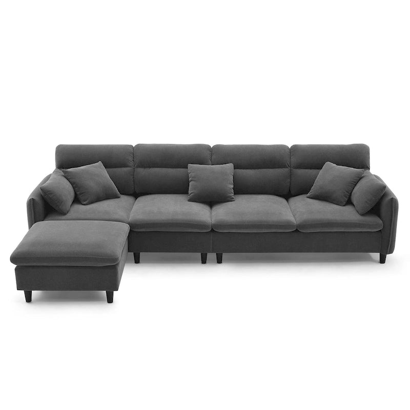 Divano componibile a L moderno a 5 posti convertibile con pouf rimovibile e 5 cuscini, tessuto ciniglia felpato