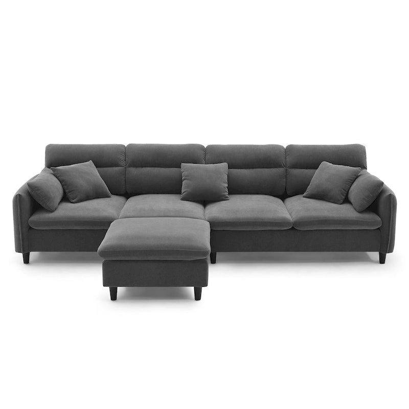Divano componibile a L moderno a 5 posti convertibile con pouf rimovibile e 5 cuscini, tessuto ciniglia felpato