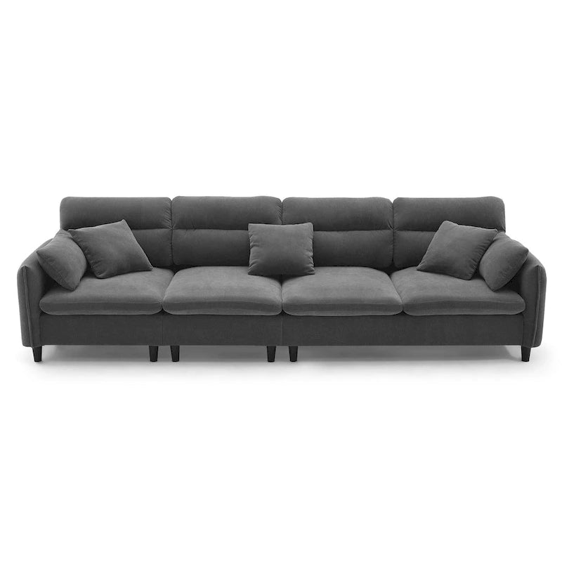 Divano componibile a L moderno a 5 posti convertibile con pouf rimovibile e 5 cuscini, tessuto ciniglia felpato