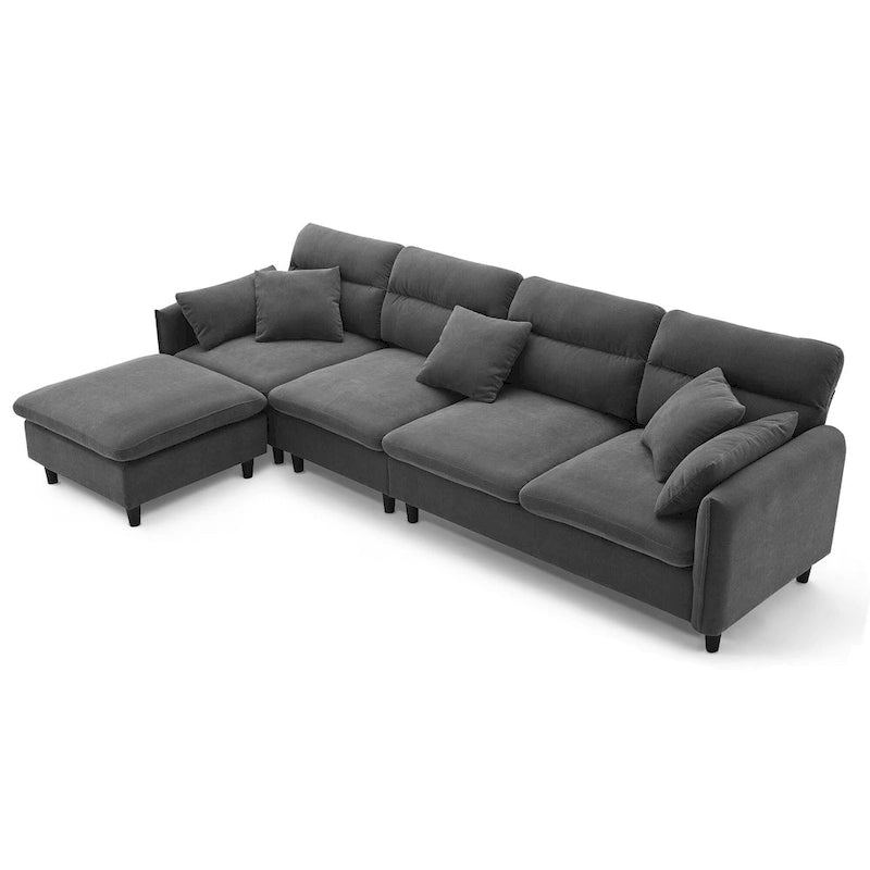 Divano componibile a L moderno a 5 posti convertibile con pouf rimovibile e 5 cuscini, tessuto ciniglia felpato