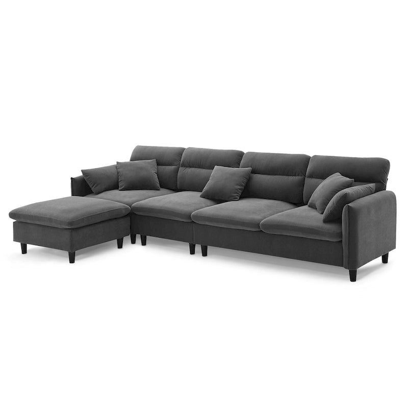 Divano componibile a L moderno a 5 posti convertibile con pouf rimovibile e 5 cuscini, tessuto ciniglia felpato