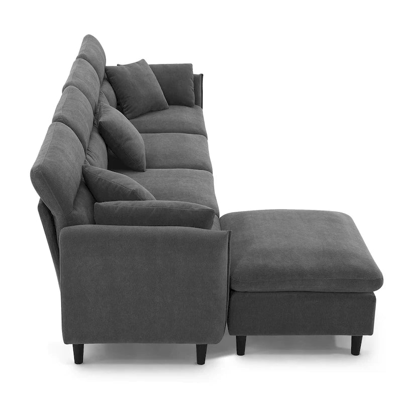 Divano componibile a L moderno a 5 posti convertibile con pouf rimovibile e 5 cuscini, tessuto ciniglia felpato