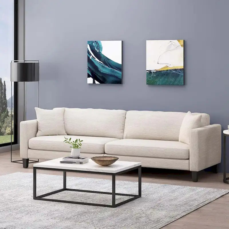 Divano a 3 posti moderno beige 101 con gambe in legno e due cuscini per soggiorno