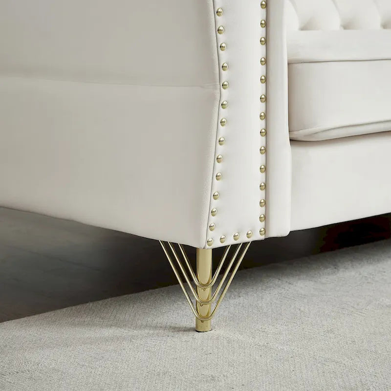 Divano a 2 Posti Beige 60.2 in Velluto con Piedini in Metallo, 2 Cuscini, Rivetti Decorativi, Struttura in Legno Massello e Imbottitura in Schiuma