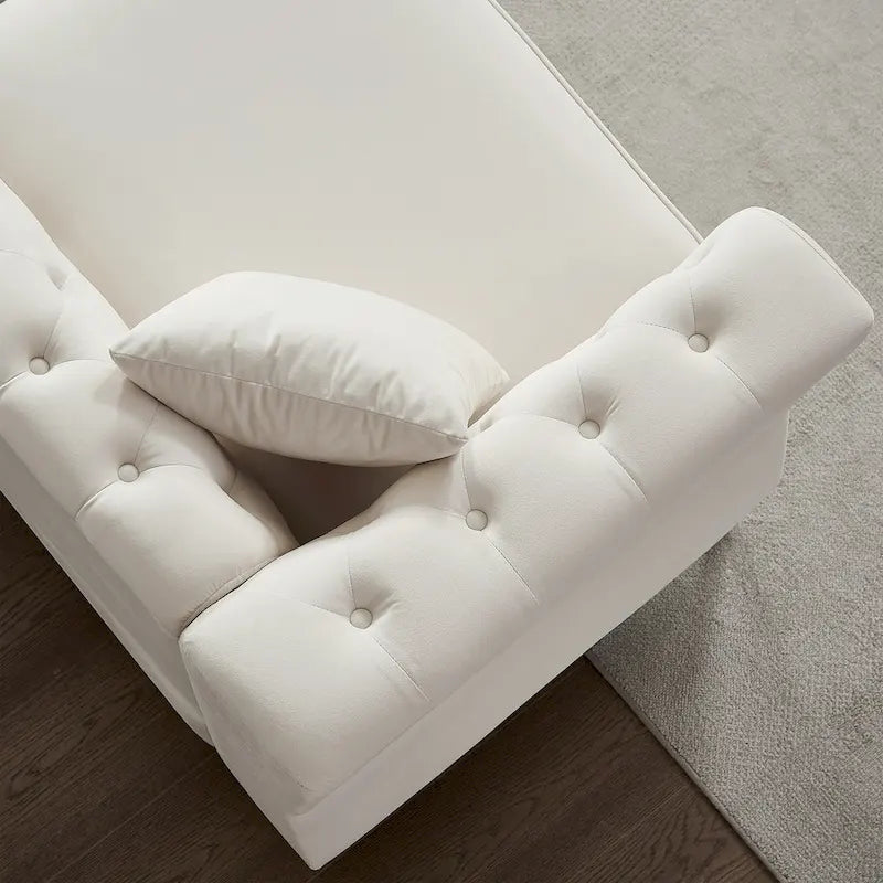 Divano a 2 Posti Beige 60.2 in Velluto con Piedini in Metallo, 2 Cuscini, Rivetti Decorativi, Struttura in Legno Massello e Imbottitura in Schiuma