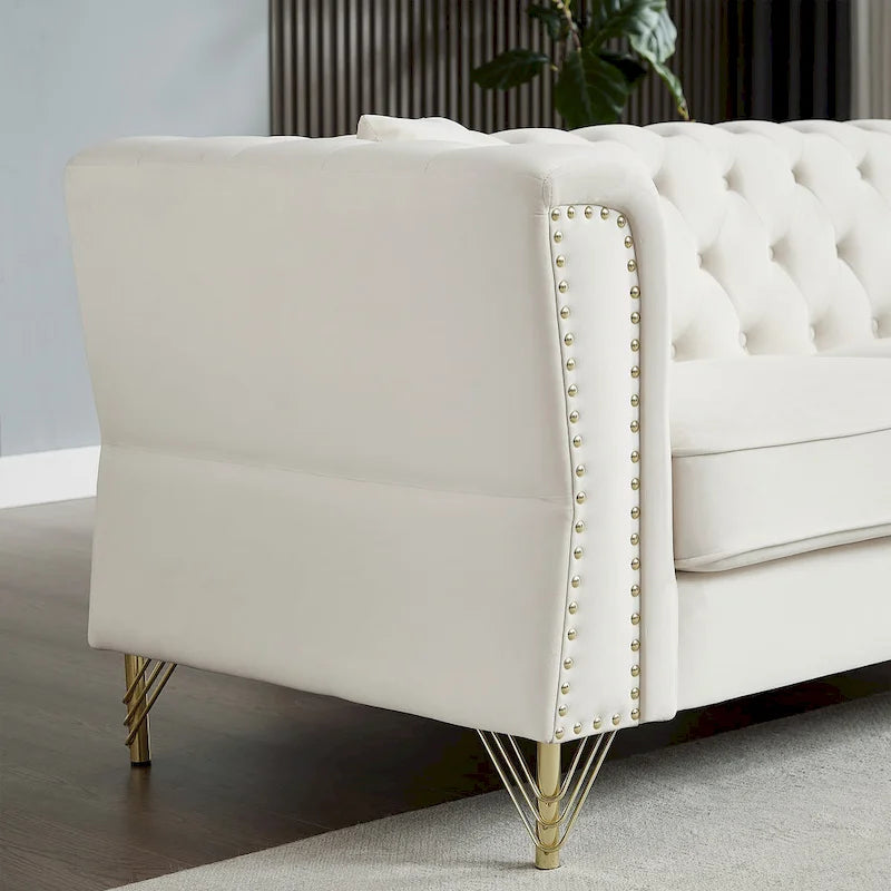 Divano a 2 Posti Beige 60.2 in Velluto con Piedini in Metallo, 2 Cuscini, Rivetti Decorativi, Struttura in Legno Massello e Imbottitura in Schiuma