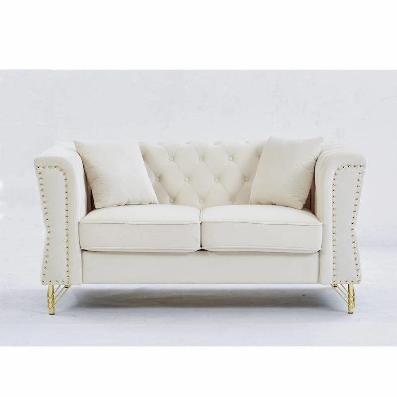 Divano a 2 Posti Beige 60.2 in Velluto con Piedini in Metallo, 2 Cuscini, Rivetti Decorativi, Struttura in Legno Massello e Imbottitura in Schiuma