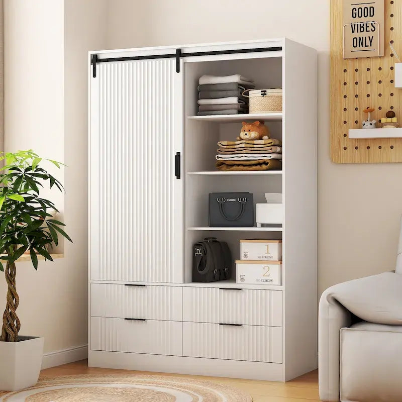 47.24 Armadio moderno con asta appendiabiti, cassetti e ripiani aperti per camera da letto
