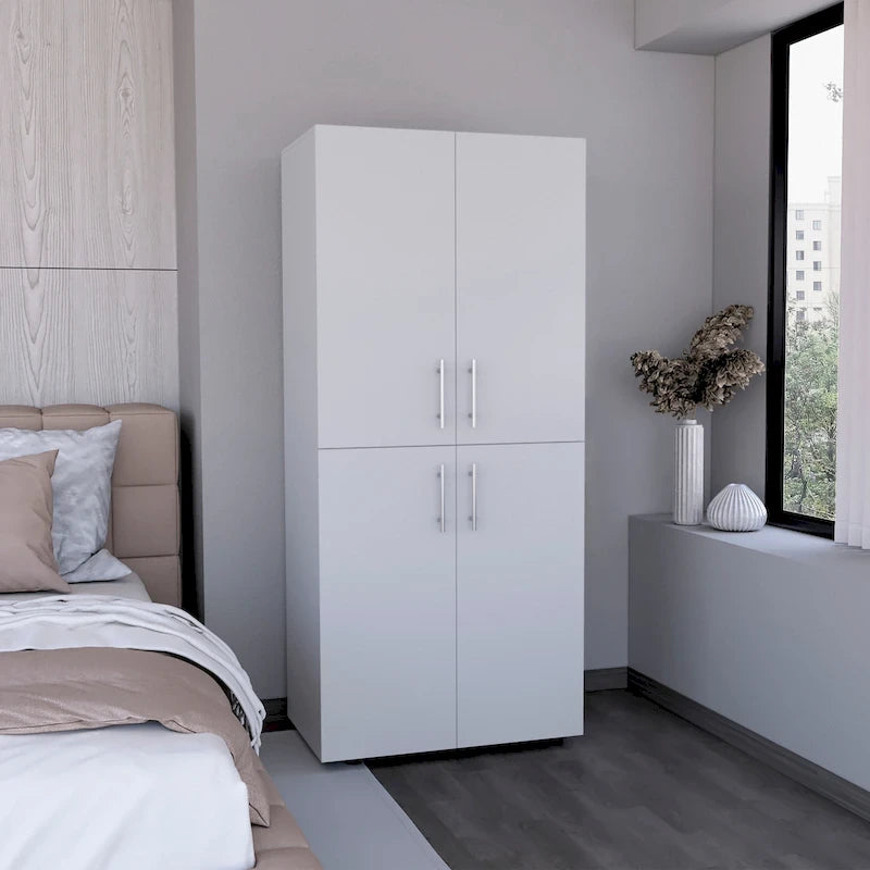 31,5 Armadio moderno a quattro ante con sei ripiani e due aste appendiabiti per camera da letto