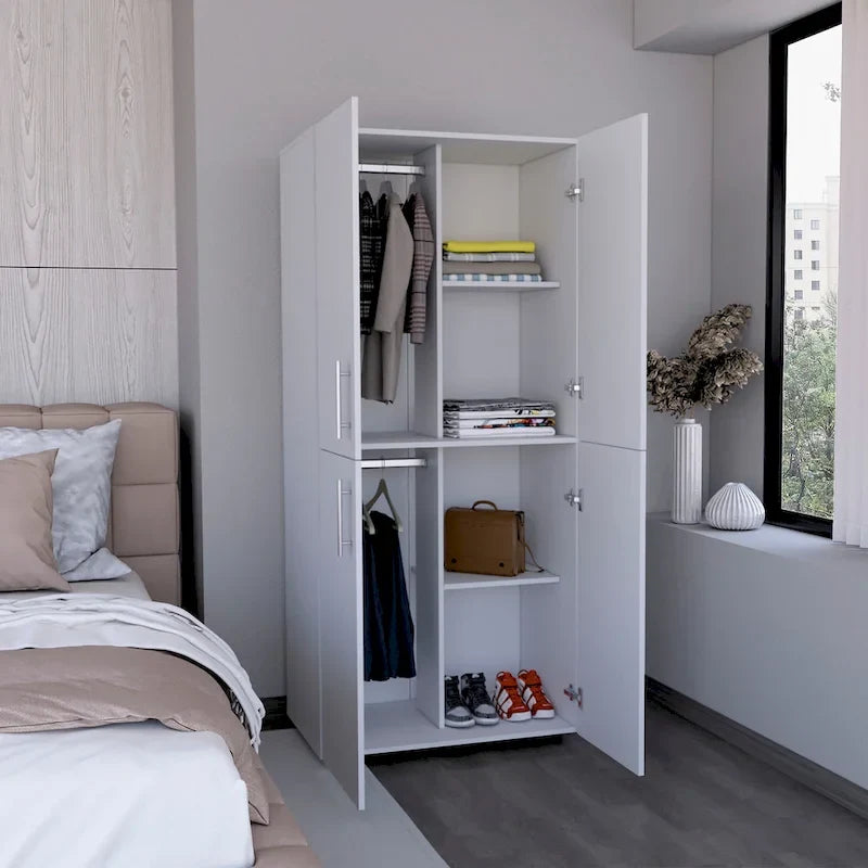 31,5 Armadio moderno a quattro ante con sei ripiani e due aste appendiabiti per camera da letto