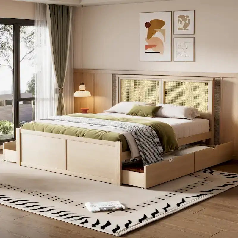 Letto matrimoniale antico in legno naturale con 4 cassetti e testiera in rattan