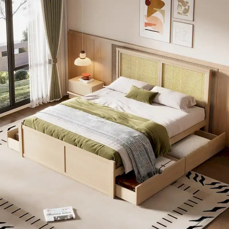 Letto matrimoniale antico in legno naturale con 4 cassetti e testiera in rattan