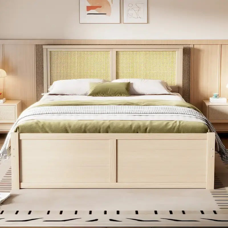 Letto matrimoniale antico in legno naturale con 4 cassetti e testiera in rattan