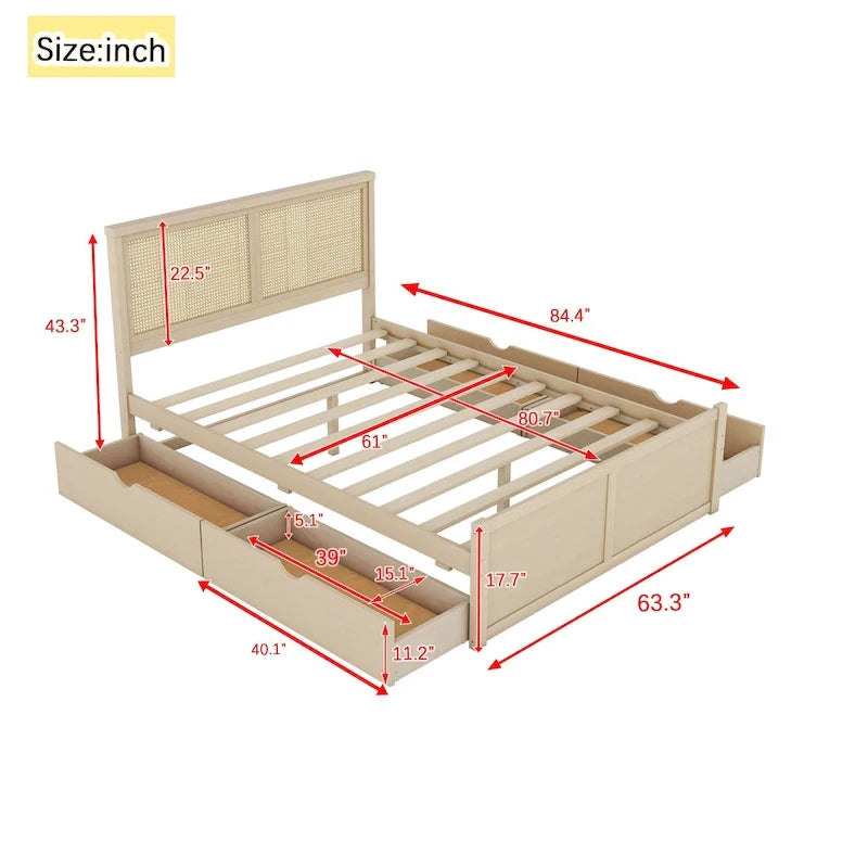 Letto matrimoniale antico in legno naturale con 4 cassetti e testiera in rattan